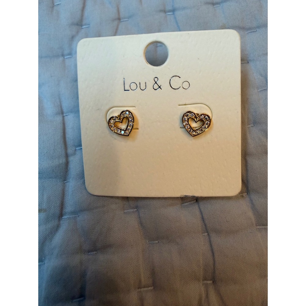 Lou & Co Gold Tone Rhinestone Heart Stud Earrings Clear Pavé Dainty Jewelry